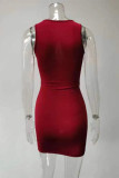 Burgundy Sexy Party Solid Hollowed Out Fold O Neck One Step Skirt Dresses