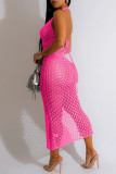 Rose Red Sexy Solid See-through Backless Slit Halter Beach Dress Dresses