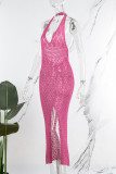 Розово-красное сексуальное однотонное прозрачное пляжное платье с открытой спиной и разрезом через шею