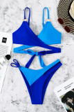 Blaue, sexy, rückenfreie, kontrastierende Patchwork-Badebekleidung (mit Polsterungen)