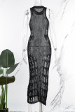 Белое сексуальное сплошное выдолбленное прозрачное длинное платье с круглым вырезом Платья