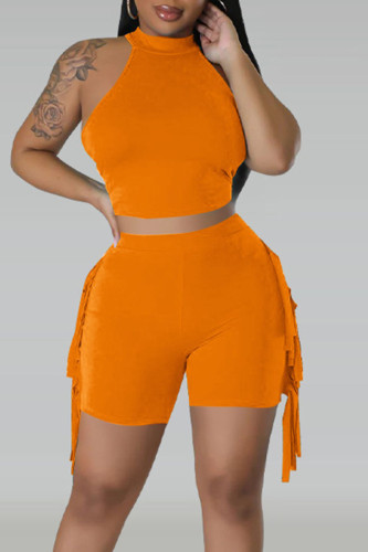 Tangerine Red Casual Solid Tassel Patchwork O Neck Sleeveless Two Pieces