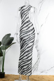 Robes de jupe en une étape asymétriques à col rond asymétrique en patchwork à imprimé rayé sexy noir