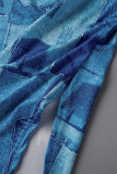 Azul tibetano casual impressão fenda gola oblíqua manga curta duas peças