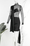 Black Sexy Solid Patchwork See-through Turtleneck Pencil Skirt Dresses
