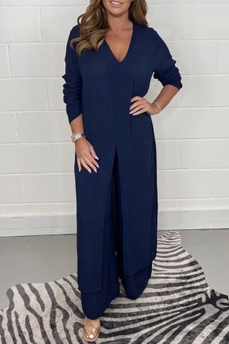 Deep Blue Casual Solid Slit V Neck Long Sleeve Two Pieces