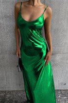 Green Sexy Solid Bronzing Backless Spaghetti Strap Sheath Dresses