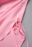 Tops de cuello de camisa de patchwork sólido casual rosa