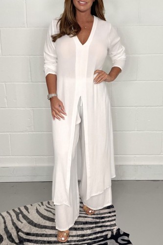 White Casual Solid Slit V Neck Long Sleeve Two Pieces