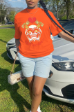 T-shirts à col rond en patchwork de crâne à imprimé vintage orange décontractés