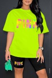 Fluorescent Green Casual Print Letter O Neck Short Sleeve Two Pieces