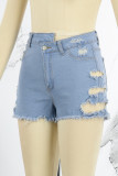 Hellblaue, lässige, solide, zerrissene Patchwork-Shorts mit hoher Taille