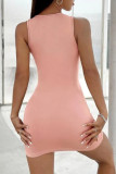 Pink Sexy Party Solid Hollowed Out Fold O Neck One Step Skirt Dresses
