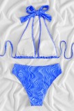 Blue Sexy Print Bandage Backless Swimwears (With Paddings)
