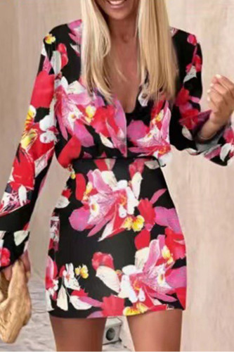 Rose Red Sexy Casual Work Print Buttons V Neck Long Sleeve Two Pieces