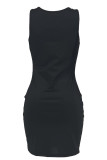 Черное повседневное базовое платье с U-образным вырезом и принтом с буквенным принтом Платья