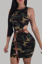 Camouflage Sexy Casual Street Camouflage Print Cut Out O Neck One Step Rock Kleider (ohne Gürtel)