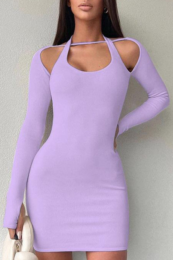 Púrpura Sexy Celebridades Sólido Ahuecado Halter Envuelto Falda Vestidos