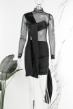 Black Sexy Solid Patchwork See-through Turtleneck Pencil Skirt Dresses