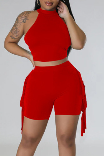 Red Casual Solid Tassel Patchwork O Neck Sleeveless Two Pieces