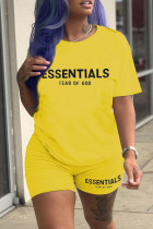 Yellow Casual Letter Print Basic O Neck Short Sleeve Two Pieces