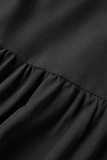 Vestidos de una línea de volantes con hebilla de patchwork sólido universitario negro