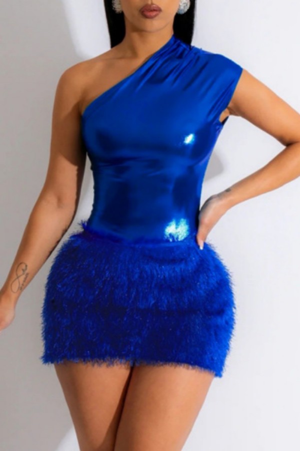 Синее сексуальное повседневное однотонное платье в стиле пэчворк с косым воротником без рукавов Платья