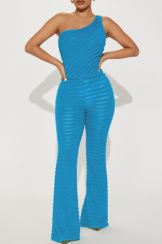 Peacock Blue Casual Solid Backless One Shoulder Sleeveless Two Pieces