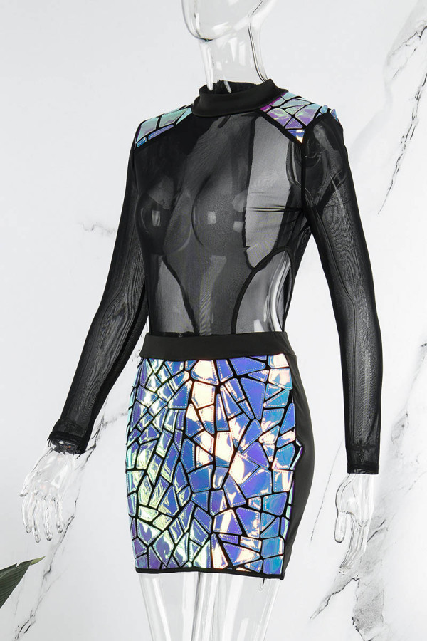 Sexy Elegant Patchwork See-Through Beading Half A Turtleneck Long Sleeve Dresses