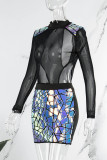 Black Sexy Patchwork Hollowed Out See-through Half A Turtleneck Long Sleeve Dresses