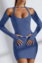 Royal Blue Sexy Celebrities Solid Hollowed Out Halter Wrapped Skirt Dresses