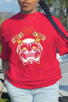 T-shirt con scollo a V patchwork teschio con stampa vintage casual rossa