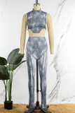 Grey Sexy Print Bandage Patchwork Half A Turtleneck Sleeveless Two Pieces