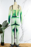 Grün Sexy Print Patchwork O-Ausschnitt Skinny Jumpsuits (mit Handschuhen)
