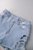 Light Blue Casual Solid Patchwork High Waist Distressed Skinny Ripped Denim Shorts