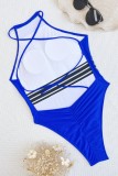 Trajes de baño sin espalda de patchwork de vendaje sólido sexy azul real (con rellenos)