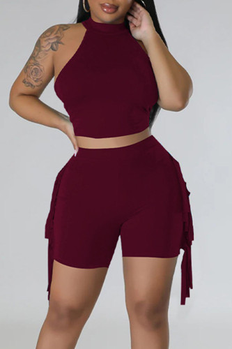 Burgundy Casual Solid Tassel Patchwork O Neck Sleeveless Two Pieces