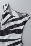 Zwarte sexy gestreepte print uitgeholde patchwork asymmetrische O-hals eenstaps rokjurken