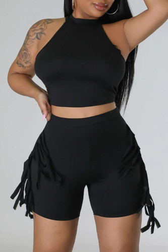 Black Casual Solid Tassel Patchwork O Neck Sleeveless Two Pieces