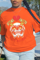 Oranje casual vintage print schedel patchwork T-shirts met ronde hals