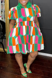 Многоцветное повседневное платье в стиле пэчворк с круглым вырезом и короткими рукавами