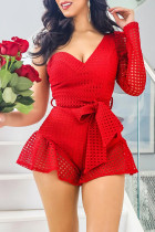 Red Sexy Solid Bandage Hollowed Out Patchwork Asymmetrical Asymmetrical Collar Regular Rompers