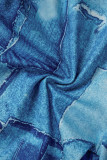 Blue Casual Print Slit Oblique Collar Short Sleeve Two Pieces