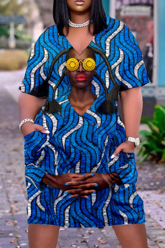 Blue Casual Print Patchwork V Neck Short Sleeve Dress