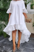 Witte casual elegante effen patchwork volant O-hals onregelmatige jurkjurken