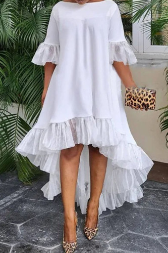 White Casual Elegant Solid Patchwork Flounce O Neck Irregular Dress Dresses