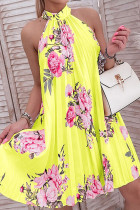 Gele casual elegante print patchwork O-hals rechte jurken