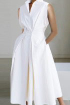 Witte casual print patchwork knopen vouw mandarijn kraag A-lijn jurken