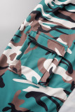 Verde militar estampa casual patchwork fenda o pescoço manga curta duas peças