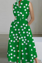 グリーン ホワイト カジュアル プリント パッチワーク ボタン折りマンダリン カラー A ライン ドレス